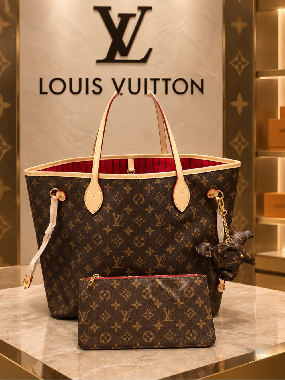 Monogram Neverfull Tote in Brown with Red Lining
